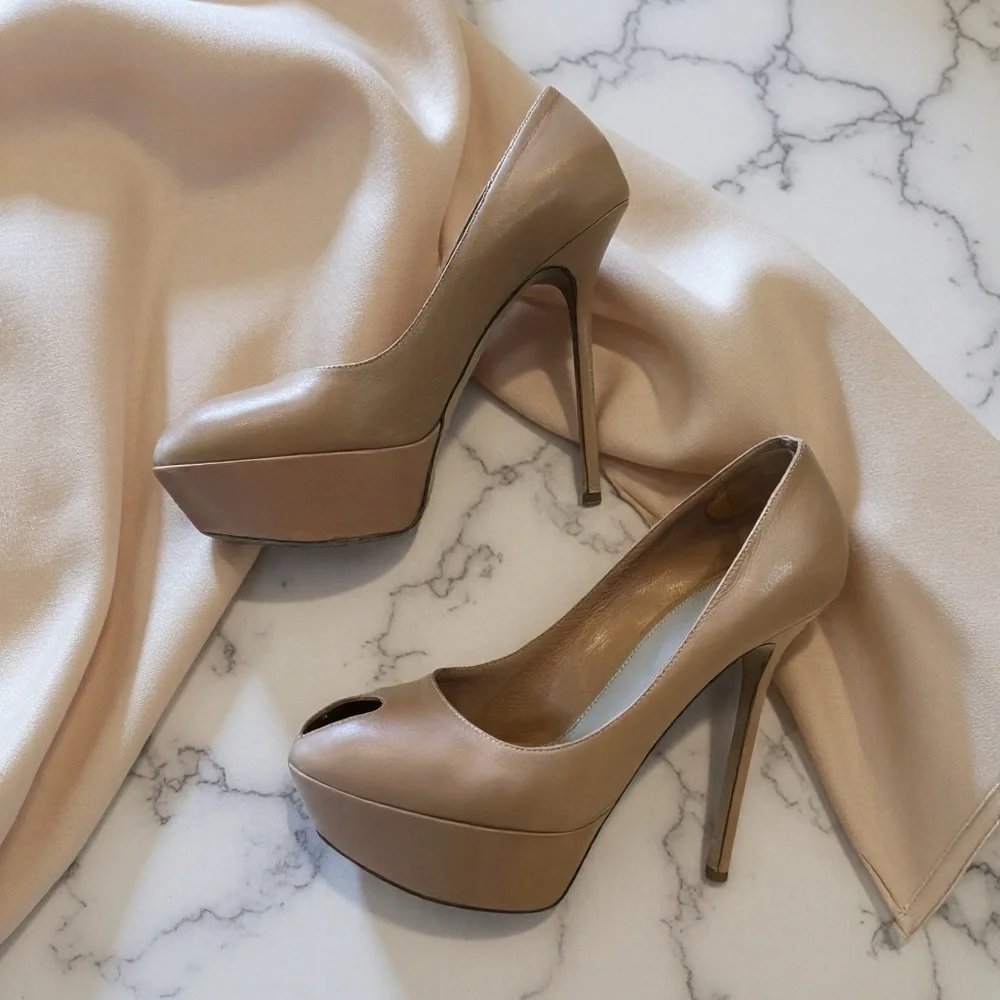 Sergio Rossi Taupe Neutral Peep Toe Platform High Heels
